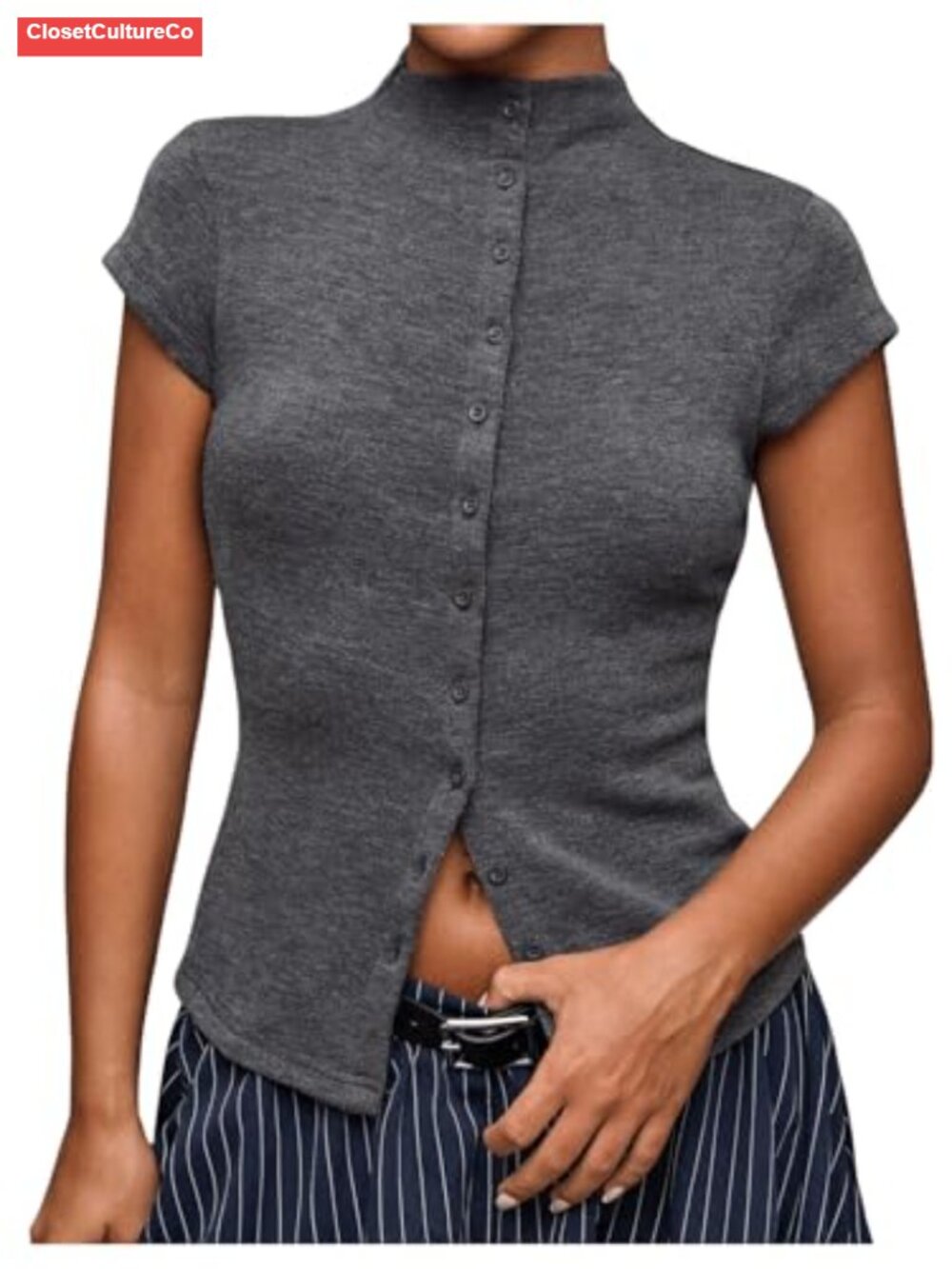 Cap Sleeve Knit Top Mock Neck Button Down Sweater